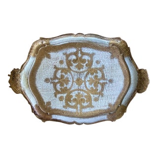 Large Vintage Italian Cream & Gold Lacquered Florentine Tray For Sale