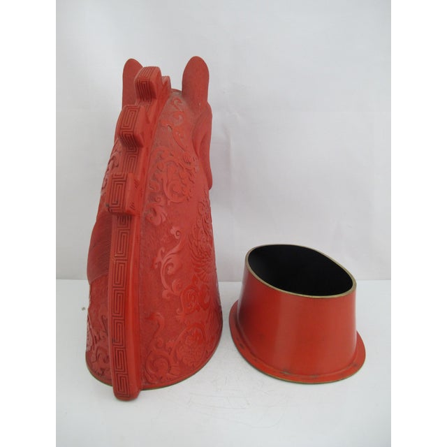Chinese Chinese Cinnabar Lacquer Horse Head Carved Phoenix Bird Sculpture Box For Sale - Image 3 of 15