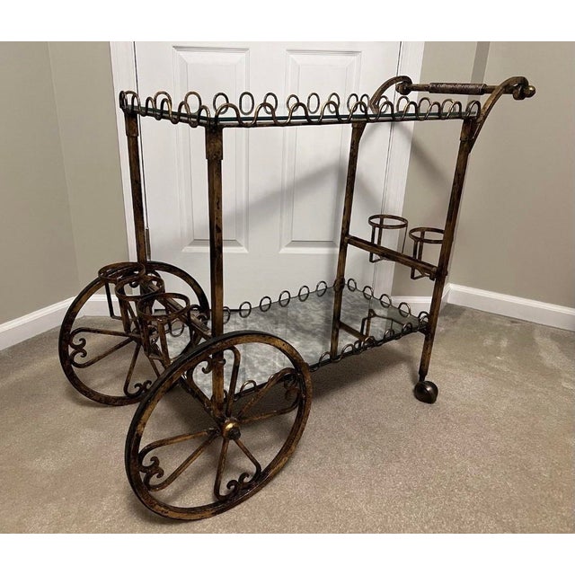 Vintage Hollywood Regency Neoclassical Gilt Rolling Iron Glass Bar Cart Trolley Vintage hammered iron & glass Spanish...