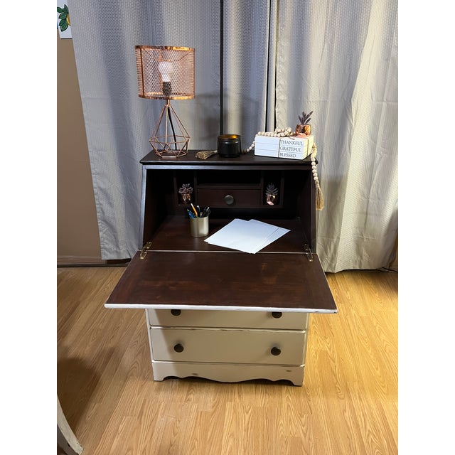 Cream Mid-20th Century Refinished Drop-Front Secretary Desk For Sale - Image 8 of 10