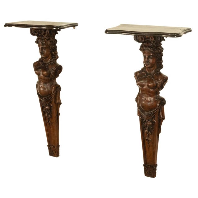 Mid 19th Century Antique 19thC Italian Carved Walnut Renaissance Revival Pair Caryatid Brackets, Circa 1850 For Sale - Image 5 of 15