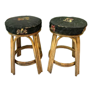 1980s Rattan Bamboo Upholstered Bar Stools – Aviary Fabric, Set of Two