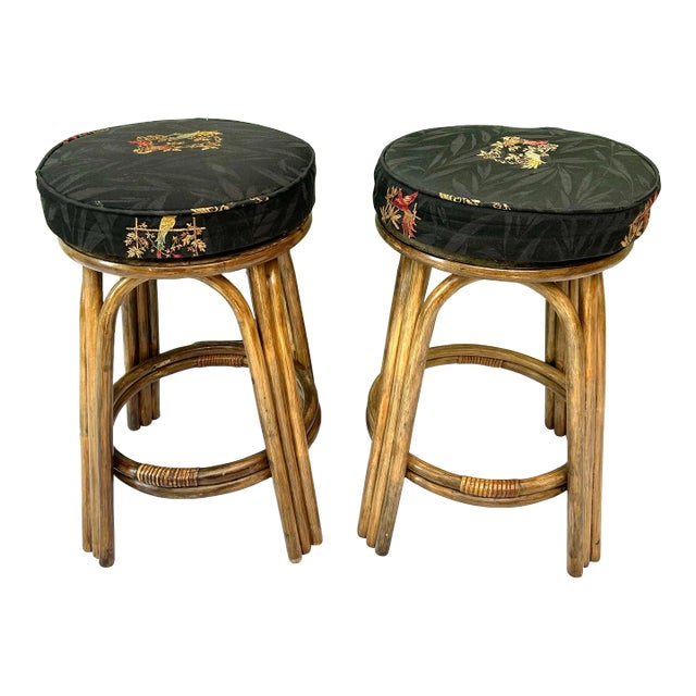 Pair of Vintage Rattan Counter Stools With Embroidered Aviary Seats For Sale