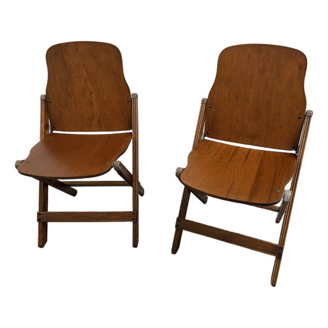 Pair 1940s American Seating Company Wood Folding Chairs Excellent Condition For Sale