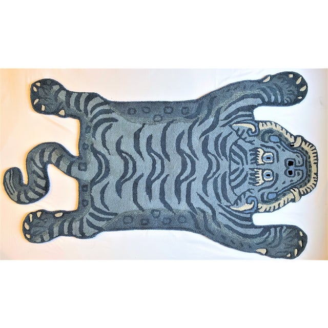 Vintage Blue Tibetan Tiger Hunting Shape Persian Rug For Sale In Houston - Image 6 of 7