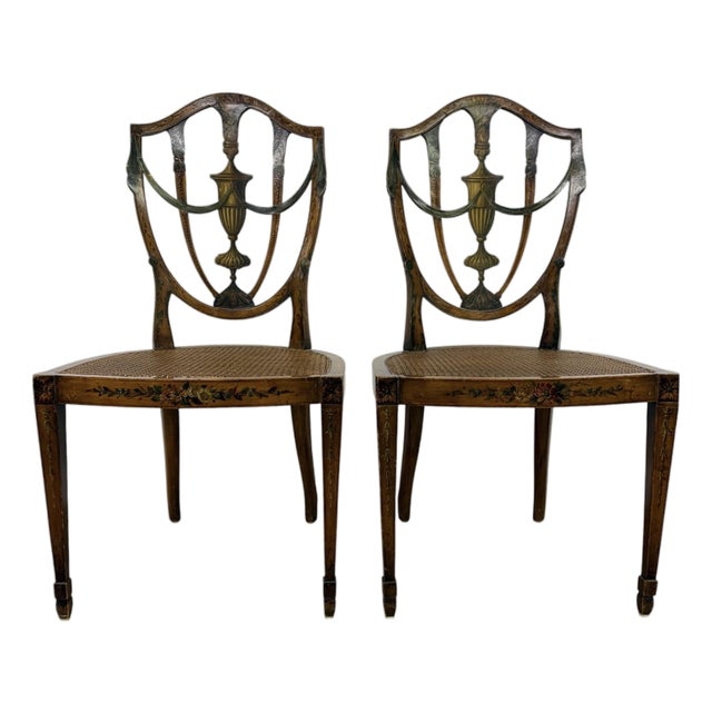 Pair of Antique 19th Century English Federal Hepplewhite Caned Side Chairs For Sale