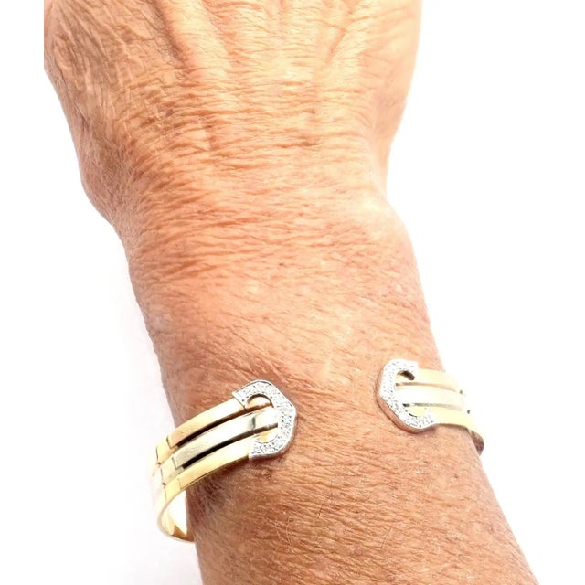 1980s Cartier Tri-Color Gold Diamond Double C Cuff Bangle Bracelet For Sale - Image 12 of 12