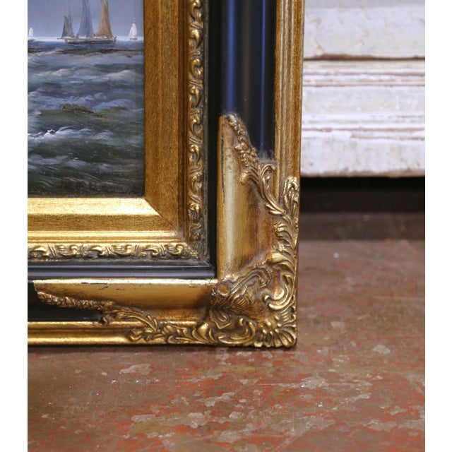 Vintage Signed Italian Marine Harbor Scene Painting With Sailboats and Figures For Sale - Image 12 of 13