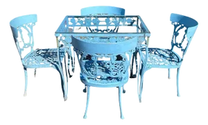 Vintage Molla Cast Aluminum Victorian Style Blue Garden Patio Dining Table & 4 Chairs
