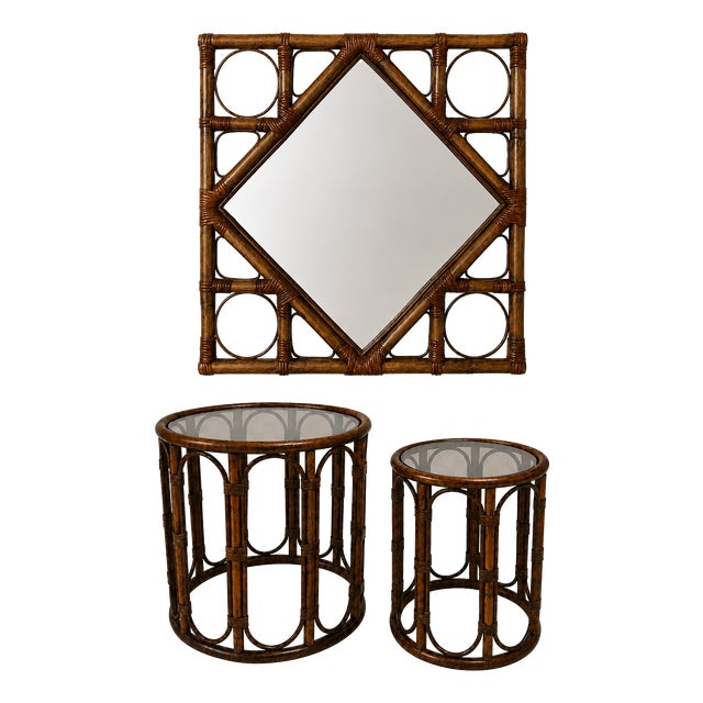 Vintage Mirror and Bamboo Side Tables with Smoked Glass, 1970s, Set of 3 For Sale