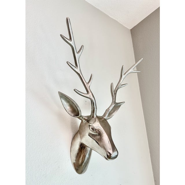 Modern Large Modernist Cast Polished Metal Deer Antler Head Wall Sculpture For Sale - Image 3 of 15