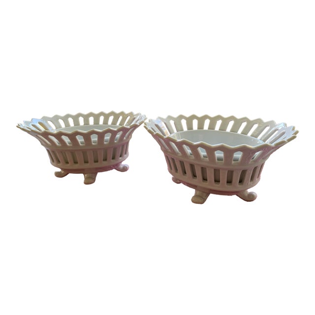 Vintage French Style Footed Porcelain Reticulated Flower Bowls a Pair For Sale