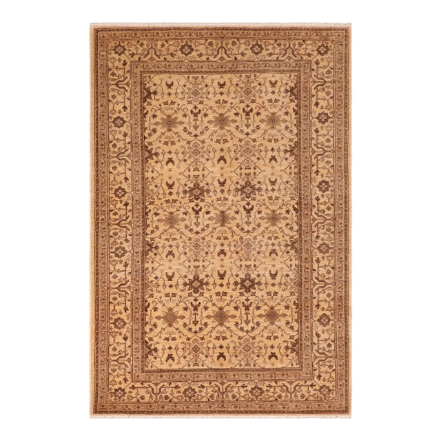 Shabby Chic Ziegler Beige Brown Hand-Knotted Wool Rug - 6'1'' X 9'2'' For Sale