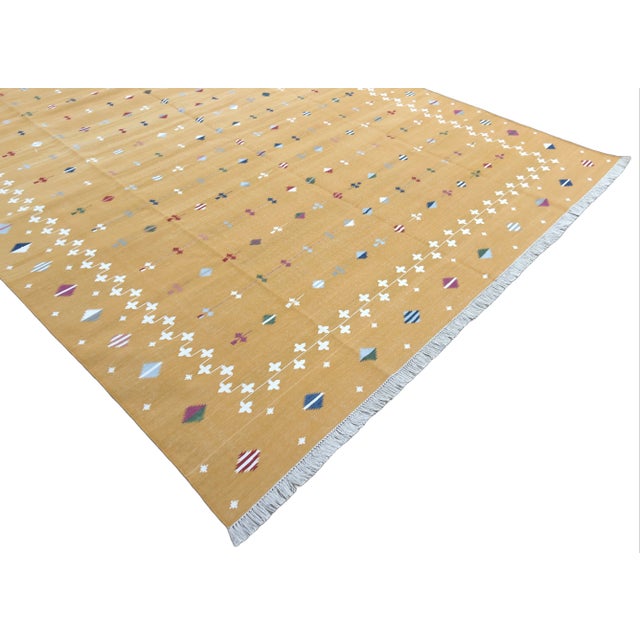 Handmade Cotton Vegetable Dyed Area Rug, Mustard Yellow Shooting Star Dhurrie - 9'x12' For Sale - Image 6 of 10