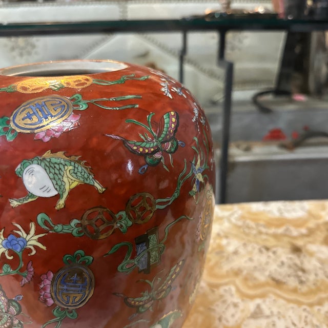 Vintage Ceramic Asian Red Detailed Vase With Floral Accents For Sale - Image 4 of 8