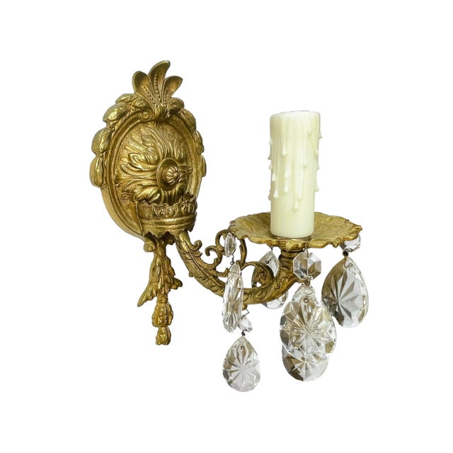 1950s Spanish Bronze & Crystal Wall Lighting, Vintage Wall Sconce Pair For Sale - Image 4 of 10