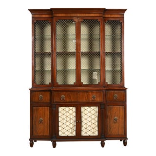 Kittinger English Regency Carved Mahogany and Rosewood Breakfront Bookcase Cabinet, Circa 1960s For Sale