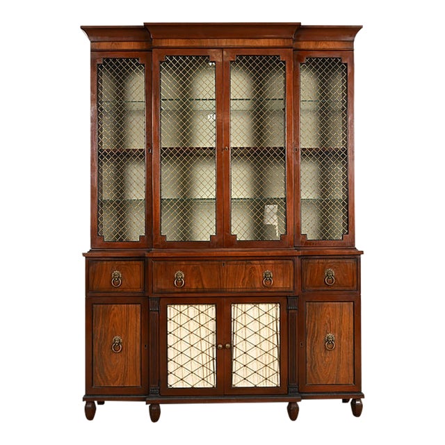Kittinger English Regency Carved Mahogany and Rosewood Breakfront Bookcase Cabinet, Circa 1960s For Sale
