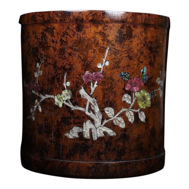Vintage Chinese Huali Rosewood Brush Pot | Mother-of-Pearl Inlaid Bird & Flower Motif For Sale