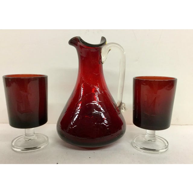 Vintage Cranberry Pitcher & Glasses - Set of 3 For Sale - Image 9 of 9