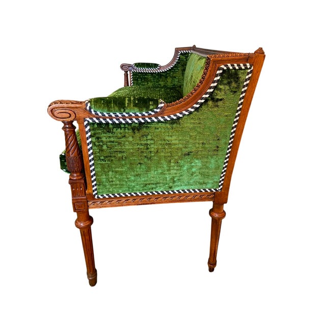 Antique Louis XVI Emerald Green Silk Velvet Sofa Settee.