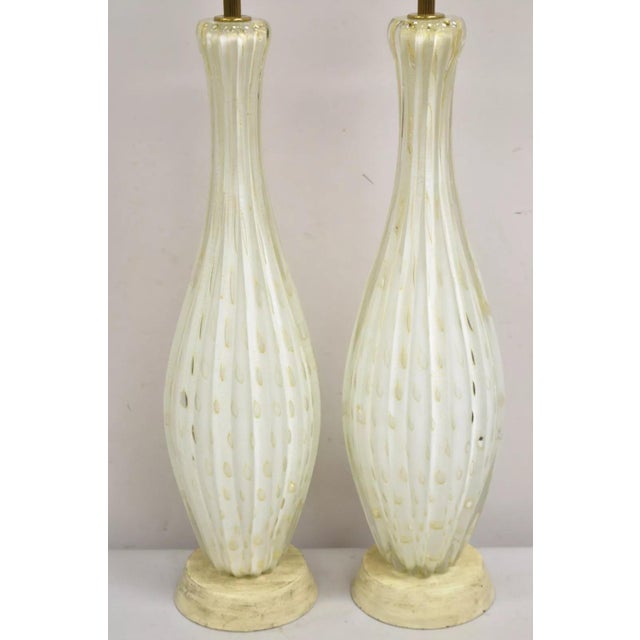 Mid-Century Modern Vintage Murano Italy Camer Glass Gold Flecks White Sinuous Table Lamps - A Pair For Sale - Image 3 of 12