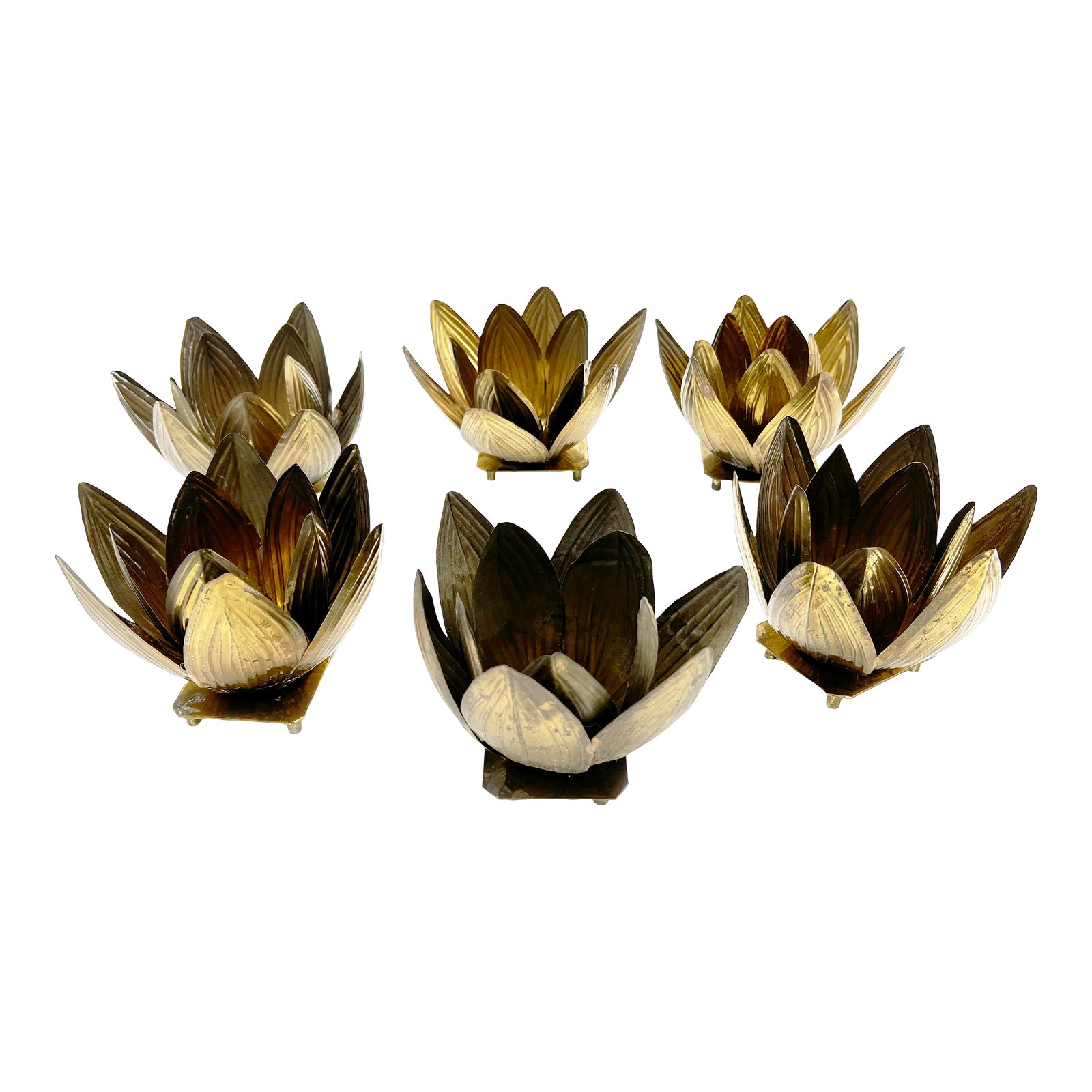 Vintage Mid Century Solid Brass Lotus Flower Candle Holders 6 Pieces