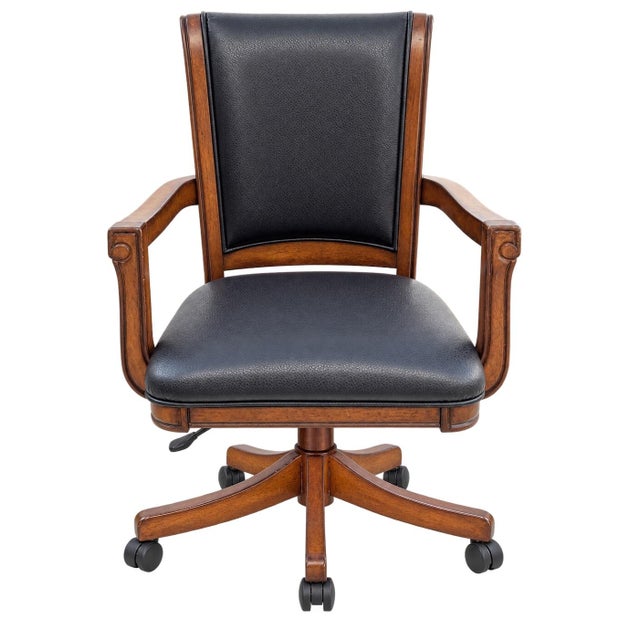 Vintage Traditional Black Leather Executive Swivel Desk Chair With Walnut Finish For Sale - Image 9 of 10