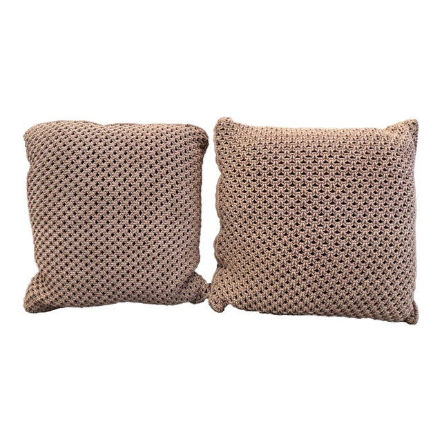 Feather & Down Chunky Knit Mocha Throw Pillows, Pair For Sale