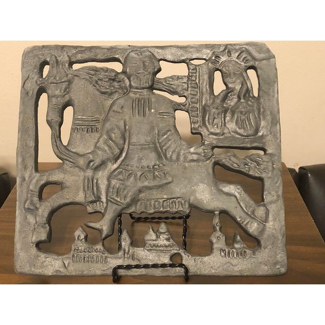 1970s Mid-Century Folk Art Cast Metal Wall Relief Plaque - Slavic Rider & City Silhouette For Sale - Image 5 of 5