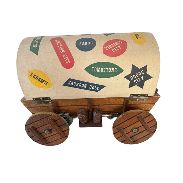 Mid 20th Century Vintage Tabletop Covered-Wagon Western Flip-Top Bar With Scotch Whiskey Glasses & Bar Tools- 20 Pieces For Sale - Image 5 of 12