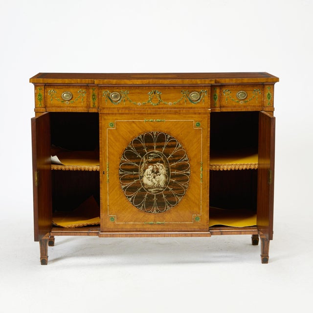 Traditional 19th Century Edwardian Calamander Tulipwood Inlaid & Painted Satinwood Sideboard For Sale - Image 3 of 13