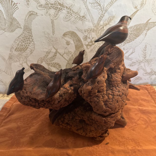 Chocolate Vintage 7 Wooden Birds on Carved Burl Wood Sculpture For Sale - Image 8 of 12