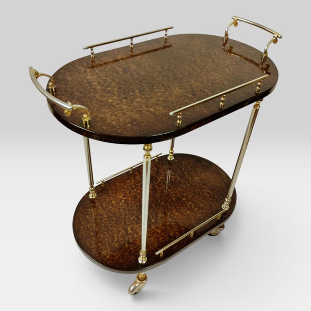 Animal Skin Mid-Century Modern Italian Serving Trolley Bar Cart in Lacquered Goatskin Parchment, 1960s For Sale - Image 7 of 18