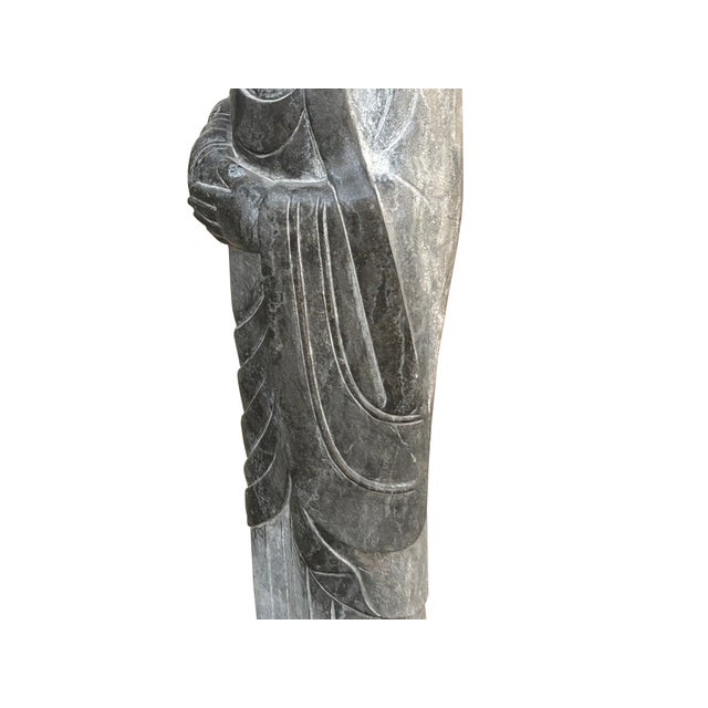 Chinese Weathered Black Gray Patina Stone Standing Monk Luohan Arhat Statue For Sale - Image 12 of 13