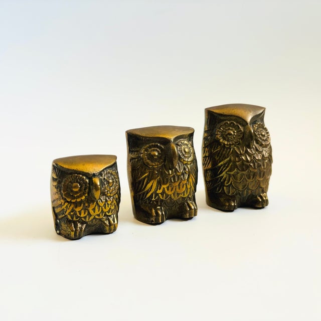 Mid-Century Modern Vintage Brass Owls - Set of 3 - Made in Korea For Sale - Image 3 of 10
