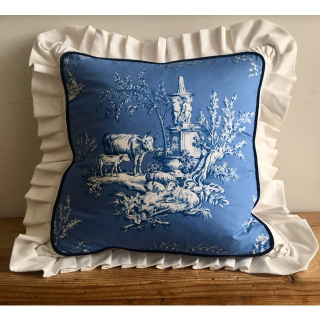 Brunschwig and Fils Blue and White Pastoral Toile Pleated Pillow Cover For Sale - Image 9 of 9