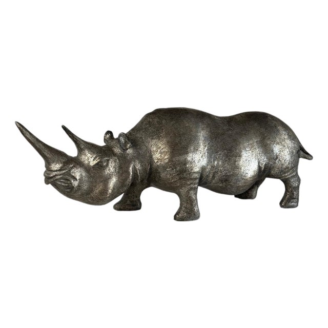 Rhino Sculpture in Platinum Toned Metallic Finish, 1980s For Sale