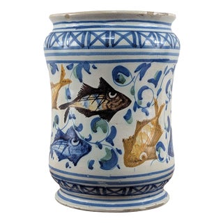 18th Century Sicilian Caltagirone Tin-Glazed Albarello with Fish Decoration For Sale
