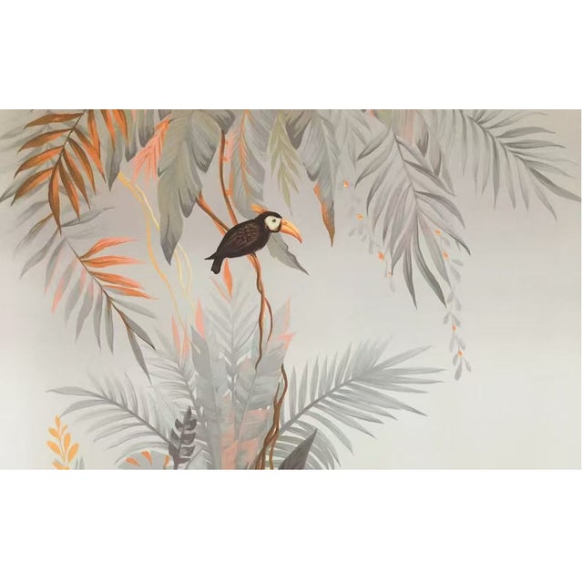 36" * H96" * 2ps, Hand-Painted Vintage Jungle Sanctuary Jaguar & Toucan Tropical Mural For Sale - Image 4 of 5