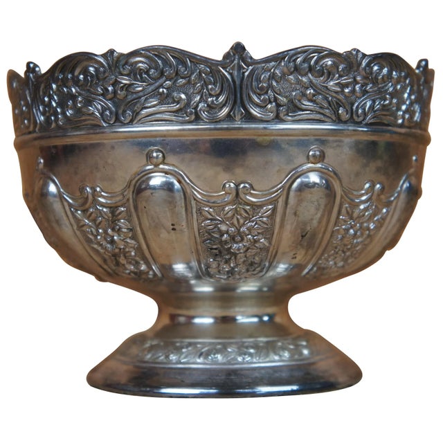 Vintage Japanese Meiji style repousse silver plate round pedestal compote or dish featuring a trophy form with pressed...