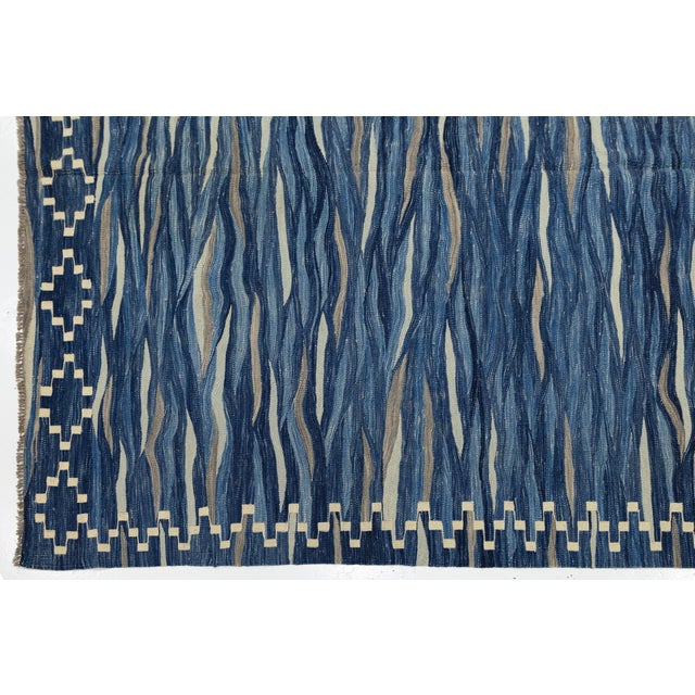 Contemporary Handmade Oceanic Blue Wave Kilim Wool Area Rug Luxury Flat-Weave For Sale - Image 9 of 12