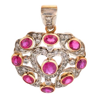 Mid Century 4.00 Carat Ruby Diamond 18k Yellow Gold and Silver Pendant For Sale