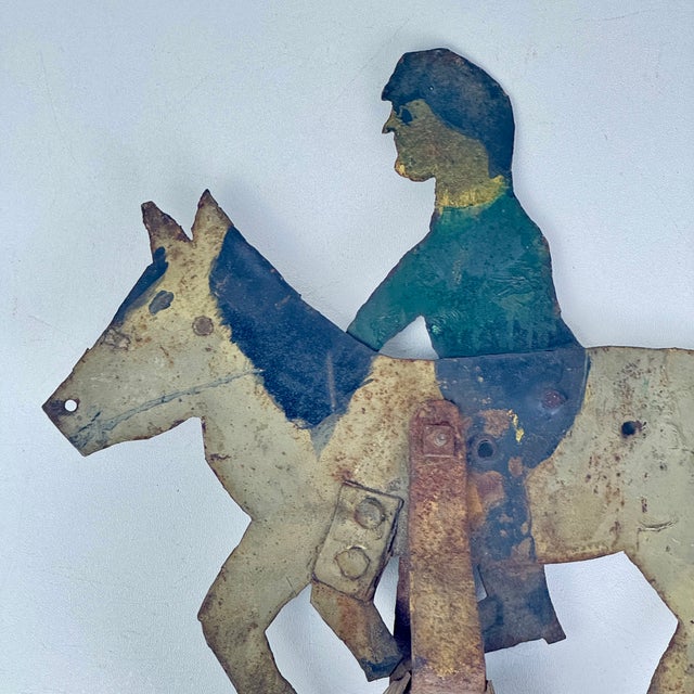 Antique Folk Art Sheet Metal Rider on Horse/Mule Toy/Sculpture, Hand Painted For Sale - Image 10 of 13