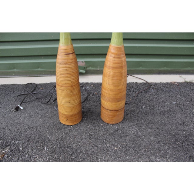 Perfect pair of table lamps. Mid century modern crackled green with ceramic bamboo finish with matching lamp finials. In...