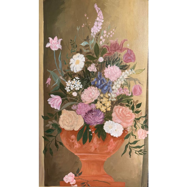 Wood Pair of Monumental Hand-Painted Floral Trompe L’Oeil Architectural Panels, 1980s–90s For Sale - Image 7 of 12
