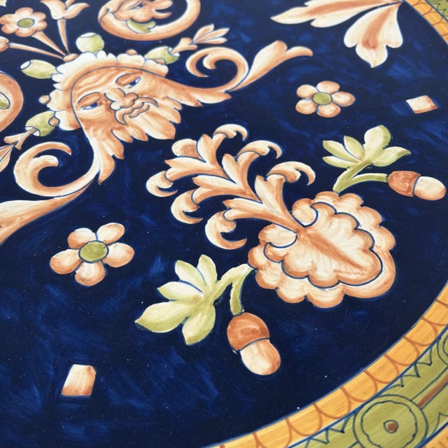 Navy Blue 1990s Large Italian Hand Painted Round Ceramic Wall Plate For Sale - Image 8 of 12