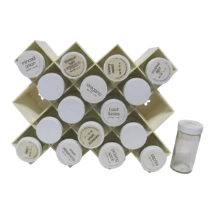 Mid Century Copco Wall Mounted White Plastic and Glass Spice Rack and 16 Jars Set