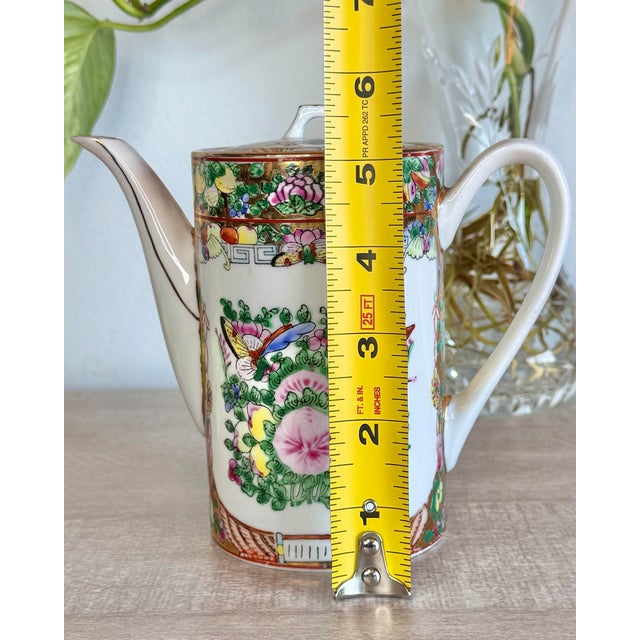 Vintage Lotus Bloom Famille Rose With Gilded Accents Hand Painted Canton-Guangcai Porcelain Chinese Tea Pot For Sale - Image 10 of 12
