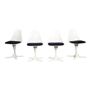 Mid-20th Century Mid Century Modern Tulip Chairs White Shell & Black Cushions by Burke Set of 4 For Sale